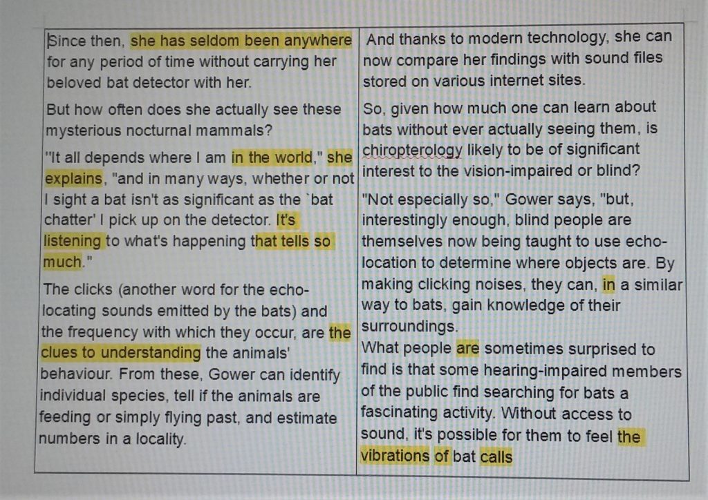 1. Highlight the words in your chosen piece of text this text from The Otago Daily Times newspaper was taken from an article about bats. 1. Highlight the words in your chosen piece of text this text from The Otago Daily Times newspaper was taken from an article about bats.