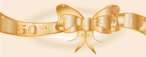 A large silk ribbon tied into a bow with a gold background with a few sparkles and the text 50th