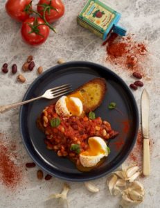 Baked Beans with poached eggs