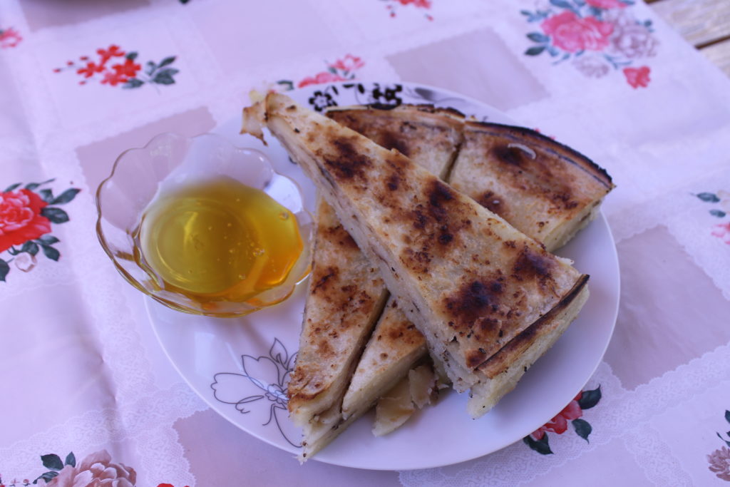 Flija is traditionally served with yoghurt and honey or jam