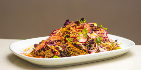 summer slaw salad with pulled pork, corn, apple