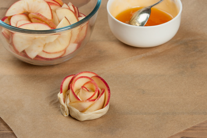 Cooking Process Of Apple Roses. Sliced And Whole Apples. Apricot Glaze.