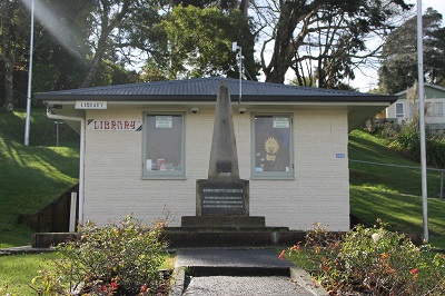 Tiny Kāwhia Library and war memorial.