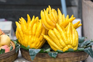 Buddha's hand fruit, fingered citron fruit, Citrus medica in street market, Yunnan province, china