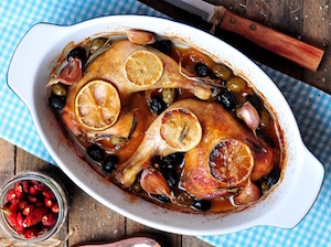 roast chicken legs with onion, olives, garlic, lemon and rosemary