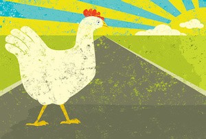 Chicken crossing the road Why did the chicken cross the road? The chicken is on a separate labeled layer from the background.