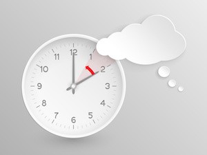 Cloud shaped speech bubble and vector clock with hands at 2 o'clock and an red arrow symbolizing the hour backward to 1 o'clock for the change of time in autumn, fall in America on silver background.