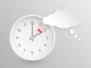 Cloud shaped speech bubble and vector clock with hands at 2 o'clock and an red arrow symbolizing the hour backward to 1 o'clock for the change of time in autumn, fall in America on silver background.