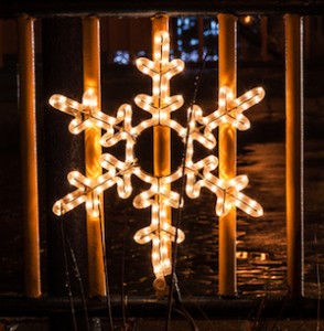 Bridge decorated with Snowflake shaped lights