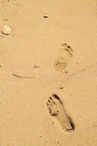 Footprints in the sand beach near the sea