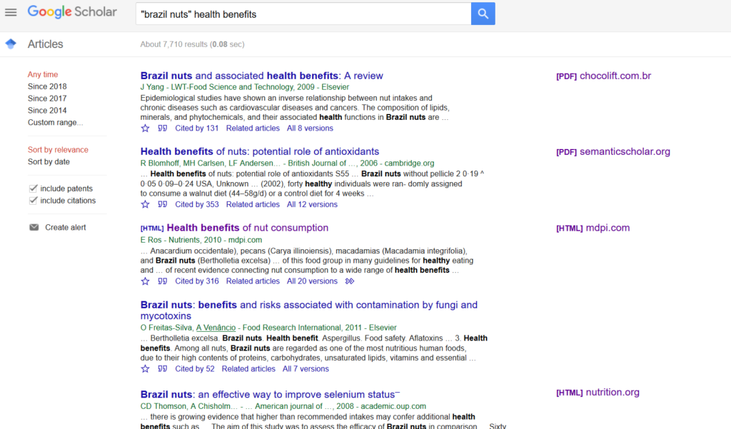 Google Scholar research claims - brazil nuts - superfood