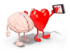 human brain and heart with arms and legs take a self portrait with her smart phone, 3d illustration