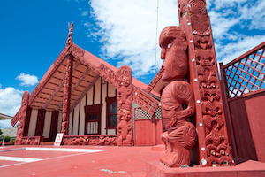 This image shows a maori marae (meeting house and meeting ground)