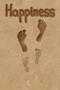 Concept illustration that uses footprints to illustrates steps to the happiness.