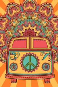 Hippie vintage car a mini van. Ornamental background. Love and Music with hand-written fonts, hand-drawn doodle background and textures. Hippy color vector illustration. Retro 1960s, 60s, 70s