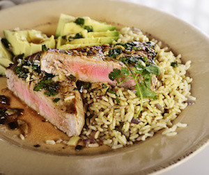 Ahi Tuna Steak With Rice and Avocado