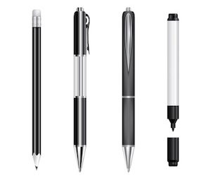 Illustration of black pens, pencil and marker isolated