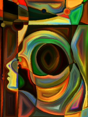 Thinking Divided series. Arrangement of human profiles and stained glass lines on the subject of mind, science, technology and education