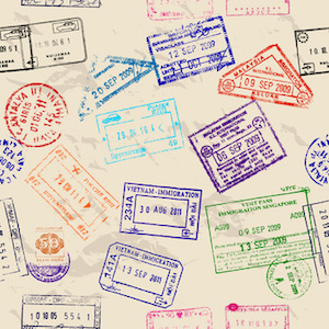 Seamless texture with real visa stamps from 9 countries. Vector illustration EPS8